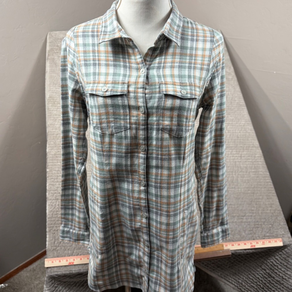 Toad&Co Lightfoot Tunic Womens Medium Green Orange Plaid Organic Cotton T1251602